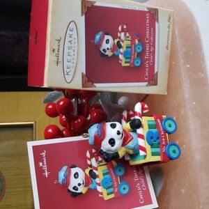 Vintage 2004 Hallmark Child's Third Christmas Panda in Wagon Ornament. NIB